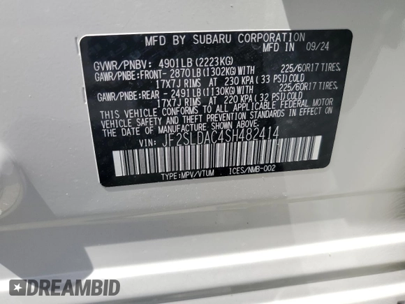 2025 Subaru Forester с VIN JF2SLDAC4SH482414, выставлен на аукционе Copart как лот 55410905 с пробегом 9 миль миль и Списание • Salvage title. История ставок и продаж доступна на DreamBid. Изображение 14.