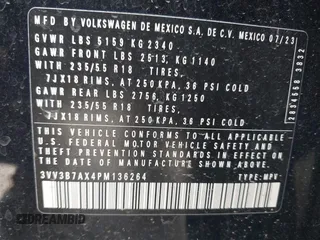 2023 Volkswagen Tiguan SE with VIN 3VV3B7AX4PM136264, listed as a IAAI auction lot 39724241 with 8,774 mi miles and . Bid and sale history available at DreamBid. Image 9.