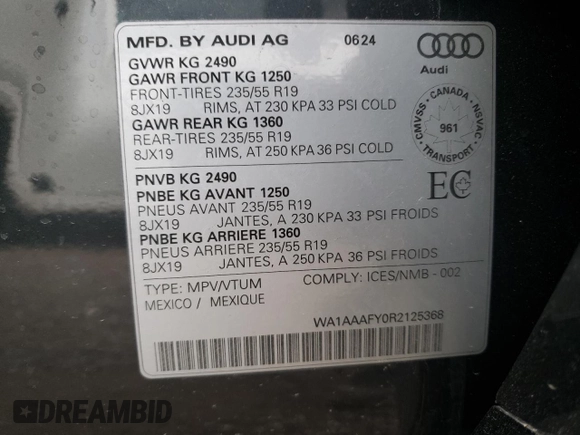 2024 Audi Q5 Komfort with VIN WA1AAAFY0R2125368, listed as a Copart auction lot 84030664 with 34 mi miles and Non Repairable. Bid and sale history available at carsss.com. Image 13.