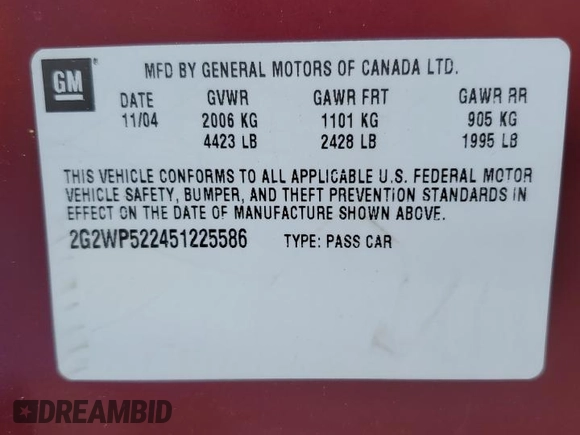 2005 Pontiac Grand Prix z VIN 2G2WP522451225586, wystawiony jako Copart lot #51240485 z przebiegiem Nie podano mil oraz Szkoda całkowita • Salvage title. Historia ofert i sprzedaży dostępna na DreamBid. Obrazek 12.