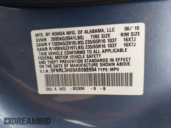 2010 Honda Odyssey EX-L with VIN 5FNRL3H69AB088994, listed as a IAAI auction lot 42007982 with 187,180 mi miles and . Bid and sale history available at DreamBid. Image 9.