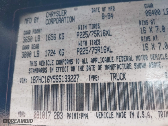 1995 Dodge Ram 1500 with VIN 1B7HC16Y5SS133227, listed as a IAAI auction lot 41853447 with 272,391 mi miles. Bid and sale history available at carsss.com. Image 9.