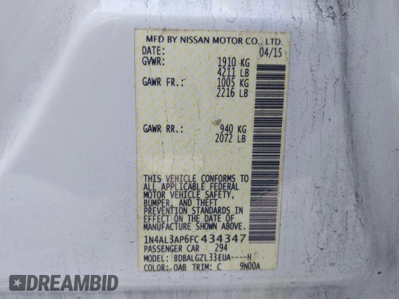 2015 Nissan Altima 2.5 SV with VIN 1N4AL3AP6FC434347, listed as a IAAI auction lot 42058176 with 131,022 mi miles. Bid and sale history available at carsss.com. Image 9.