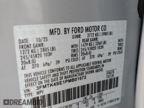 2023 Ford Mustang Mach-E GT with VIN 3FMTK4SE1PMB01672, listed as a Copart auction lot 78266234 with 9,749 mi miles and Salvage Title. Bid and sale history available at DreamBid. Image 13.