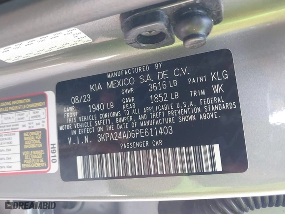 2023 Kia Rio S with VIN 3KPA24AD6PE611403, listed as a IAAI auction lot 41694267 with 26,251 mi miles. Bid and sale history available at carsss.com. Image 9.