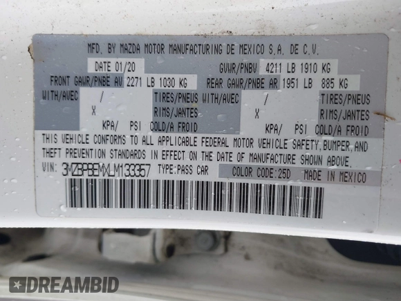 2020 Mazda 3 Premium with VIN 3MZBPBEMXLM133357, listed as a IAAI auction lot 41540234 with 81,280 mi miles and . Bid and sale history available at DreamBid. Image 9.