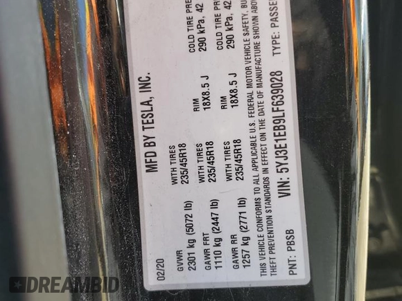 2020 Tesla Model 3 Long Range with VIN 5YJ3E1EB9LF639028, listed as a Copart auction lot 51652085 with 78,303 mi miles and Salvage Title. Bid and sale history available at carsss.com. Image 14.