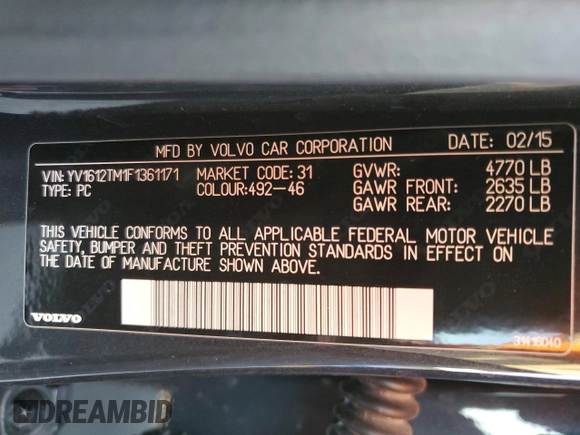 2015 Volvo S60 T5 Platinum with VIN YV1612TM1F1361171, listed as a Copart auction lot 36642793 with 58,929 mi miles. Bid and sale history available at carsss.com. Image 12.