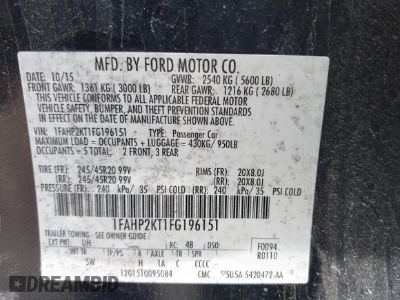 2015 Ford Taurus SHO with VIN 1FAHP2KT1FG196151, listed as a IAAI auction lot 42187492 with 131,833 mi miles and . Bid and sale history available at DreamBid. Image 9.