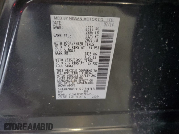 2014 Nissan Pathfinder Platinum with VIN 5N1AR2MM8EC673493, listed as a Copart auction lot 61280545 with 100,569 mi miles and Salvage title. Bid and sale history available at DreamBid. Image 13.