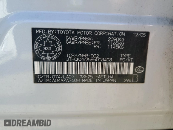 2006 Lexus IS 250 with VIN JTHCK262565003403, listed as a Copart auction lot 57654435 with 268,737 mi miles and Clean title. Bid and sale history available at DreamBid. Image 12.