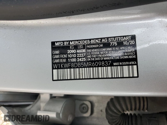 2021 Mercedes-Benz C 300 with VIN W1KWF8DB5MR609837, listed as a Copart auction lot 44764025 with 73,029 mi miles and Salvage Title. Bid and sale history available at carsss.com. Image 12.