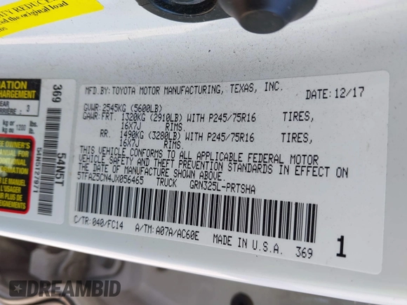 2018 Toyota Tacoma SR5 with VIN 5TFAZ5CN4JX056465, listed as a IAAI auction lot 41767848 with 71,532 mi miles and . Bid and sale history available at DreamBid. Image 9.