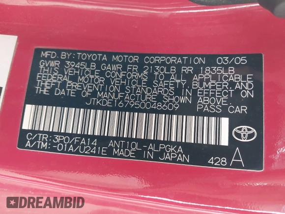 2005 Scion tC z VIN JTKDE167950048609, wystawiony jako IAAI lot #42085650 z przebiegiem 150 360 mil mil oraz . Historia ofert i sprzedaży dostępna na DreamBid. Obrazek 9.