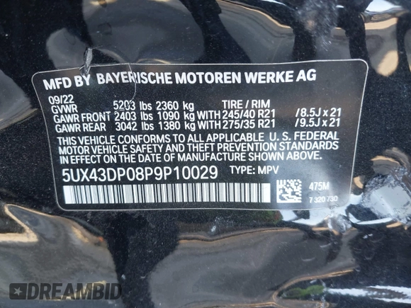 2023 BMW X3 sDrive30i with VIN 5UX43DP08P9P10029, listed as a IAAI auction lot 41804425 with 13,429 mi miles and . Bid and sale history available at DreamBid. Image 9.
