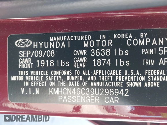 2009 Hyundai Accent Auto GLS with VIN KMHCN46C39U298942, listed as a IAAI auction lot 42562029 with 146,261 mi miles and . Bid and sale history available at DreamBid. Image 9.