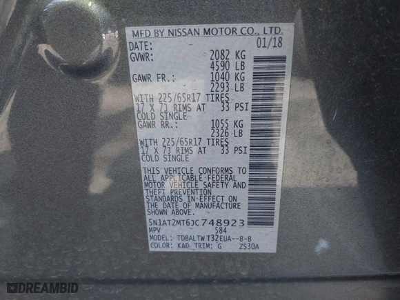 2018 Nissan Rogue SV with VIN 5N1AT2MT6JC748923, listed as a IAAI auction lot 41855047 with 71210 miles. Bid and sale history available at carsss.com. Image 9.