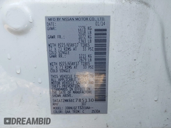 2014 Nissan Rogue SV with VIN 5N1AT2MK6EC785130, listed as a IAAI auction lot 41325704 with 227,615 mi miles. Bid and sale history available at carsss.com. Image 9.