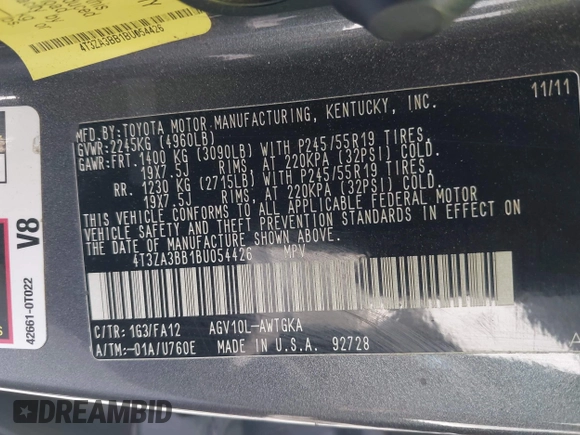 2011 Toyota Venza with VIN 4T3ZA3BB1BU054426, listed as a IAAI auction lot 42109710 with 329,259 mi miles and . Bid and sale history available at DreamBid. Image 9.
