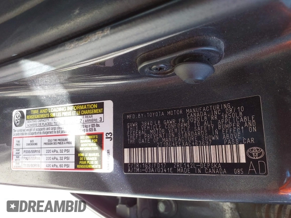 2010 Toyota Corolla with VIN 2T1BU4EEXAC463697, listed as a IAAI auction lot 42099807 with 206,160 mi miles. Bid and sale history available at carsss.com. Image 9.