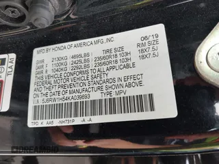 2019 Honda CR-V EX with VIN 5J6RW1H54KA039693, listed as a IAAI auction lot 41827425 with 100,371 mi miles. Bid and sale history available at carsss.com. Image 9.