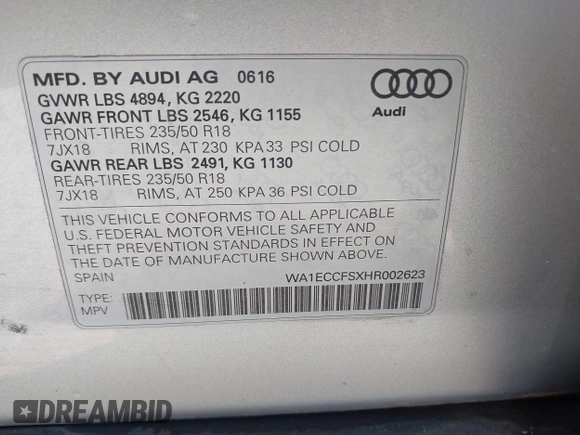 2017 Audi Q3 Premium with VIN WA1ECCFSXHR002623, listed as a IAAI auction lot 42077132 with 118,511 mi miles and . Bid and sale history available at DreamBid. Image 9.