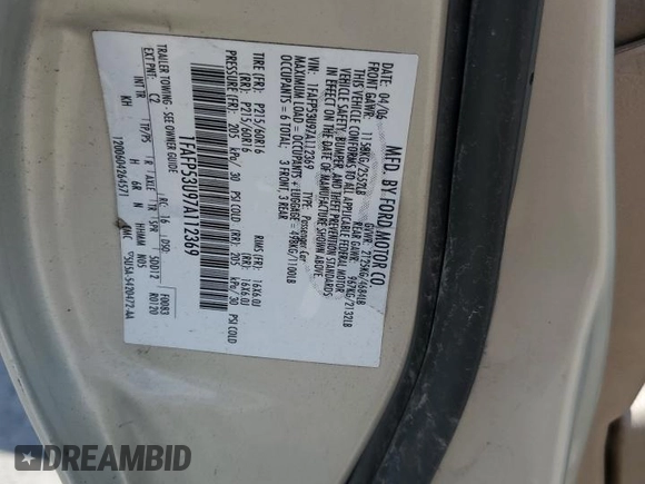 2007 Ford Taurus SE with VIN 1FAFP53U97A112369, listed as a Copart auction lot 56670245 with 95,855 mi miles and Salvage title. Bid and sale history available at DreamBid. Image 12.