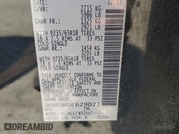 2018 Nissan Pathfinder SV with VIN 5N1DR2MN0JC629021, listed as a Copart auction lot 57286605 with 166,183 mi miles and Salvage title. Bid and sale history available at DreamBid. Image 13.