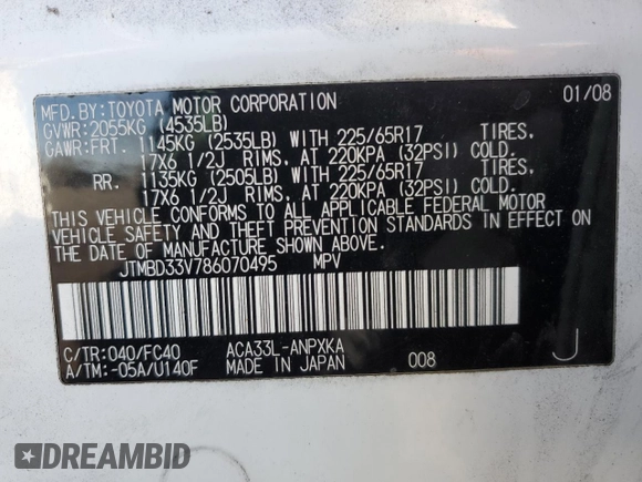2008 Toyota RAV4 with VIN JTMBD33V786070495, listed as a Copart auction lot 52466315 with 223,965 mi miles and Salvage Title. Bid and sale history available at carsss.com. Image 15.
