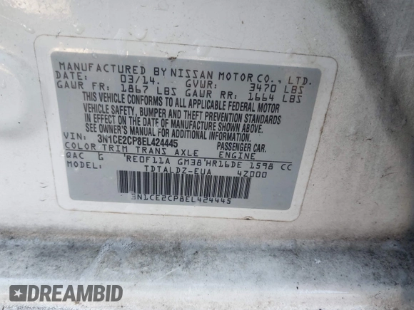 2014 Nissan Note SV with VIN 3N1CE2CP8EL424445, listed as a IAAI auction lot 41739127 with 111,557 mi miles and . Bid and sale history available at DreamBid. Image 9.