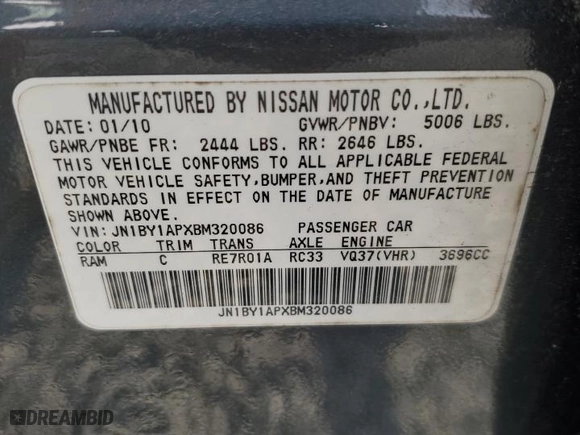 2011 Infiniti M37 with VIN JN1BY1APXBM320086, listed as a Copart auction lot 51016935 with 135,162 mi miles and Clean Title. Bid and sale history available at carsss.com. Image 12.