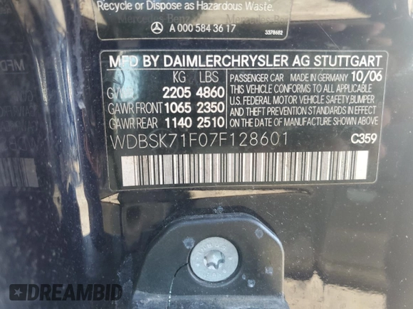 2007 Mercedes-Benz SL 550 with VIN WDBSK71F07F128601, listed as a Copart auction lot 49328185 with Not provided miles and Clean title. Bid and sale history available at DreamBid. Image 12.