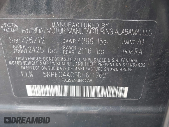 2013 Hyundai Sonata Limited with VIN 5NPEC4AC5DH611762, listed as a IAAI auction lot 41909934 with 146,339 mi miles and . Bid and sale history available at carsss.com. Image 9.