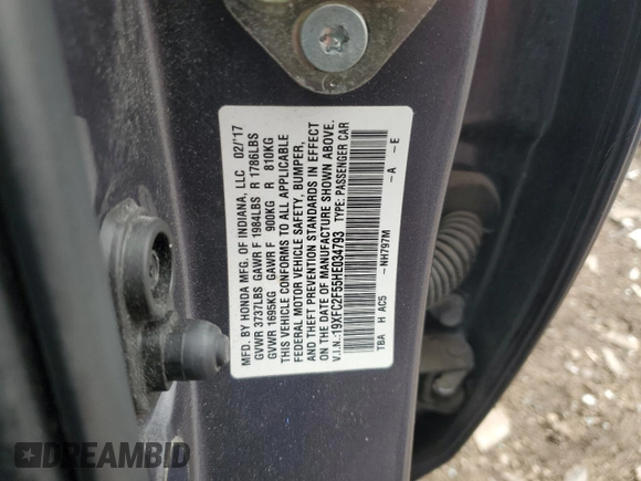 2017 Honda Civic LX with VIN 19XFC2F55HE034793, listed as a Copart auction lot 51168315 with Not Provided miles and Salvage Title. Bid and sale history available at DreamBid. Image 15.