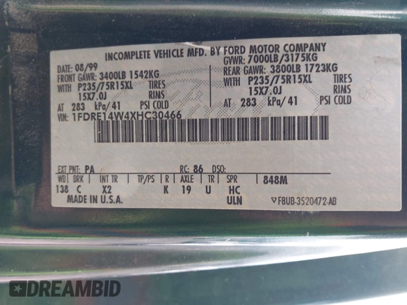 1999 Ford Econoline Cargo with VIN 1FDRE14W4XHC30466, listed as a IAAI auction lot 41935293 with 276,092 mi miles. Bid and sale history available at carsss.com. Image 9.