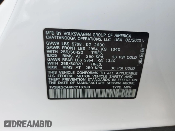 2023 Volkswagen Atlas SEL with VIN 1V2BE2CA4PC216788, listed as a Copart auction lot 65115764 with 13,033 mi miles and Salvage title. Bid and sale history available at DreamBid. Image 13.