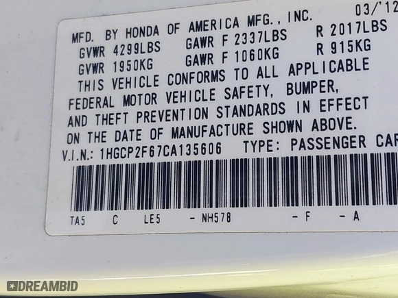 2012 Honda Accord Sdn SE with VIN 1HGCP2F67CA135606, listed as a IAAI auction lot 41788521 with 150,500 mi miles. Bid and sale history available at carsss.com. Image 9.