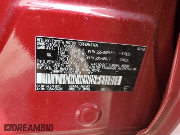 2018 Toyota RAV4 LE with VIN JTMBFREV2JD233808, listed as a Copart auction lot 59021235 with 71,430 mi miles and Salvage title. Bid and sale history available at DreamBid. Image 13.