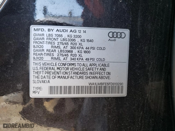 2015 Audi Q7 3.0L TDI Premium Plus with VIN WA1LMBFE5FD013290, listed as a Copart auction lot 61284922 with NaN miles. Bid and sale history available at carsss.com. Image 10.