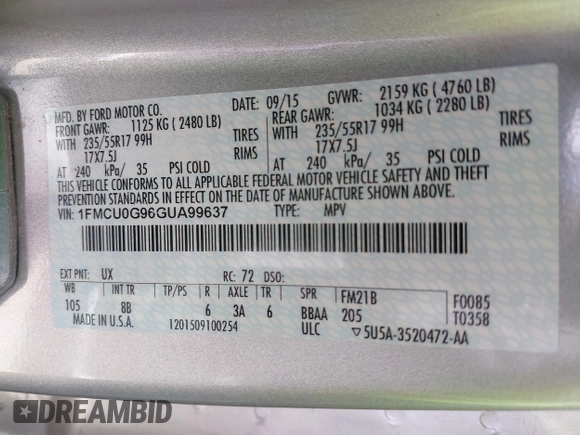 2016 Ford Escape SE with VIN 1FMCU0G96GUA99637, listed as a IAAI auction lot 41851586 with 61,143 mi miles. Bid and sale history available at carsss.com. Image 9.