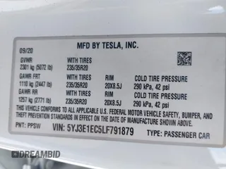 2020 Tesla Model 3 Performance z VIN 5YJ3E1EC5LF791879, wystawiony jako IAAI lot #41302692 z przebiegiem 76 502 mil mil oraz . Historia ofert i sprzedaży dostępna na DreamBid. Obrazek 9.