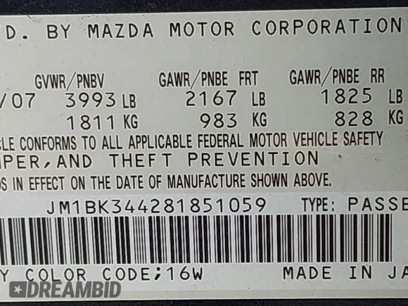 2008 Mazda 3 s GT *Ltd Avail* with VIN JM1BK344281851059, listed as a IAAI auction lot 41957637 with Not Provided miles. Bid and sale history available at carsss.com. Image 9.