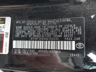 2010 Toyota Camry with VIN 4T1BF3EK0AU103332, listed as a IAAI auction lot 42123705 with 232,496 mi miles and . Bid and sale history available at DreamBid. Image 9.
