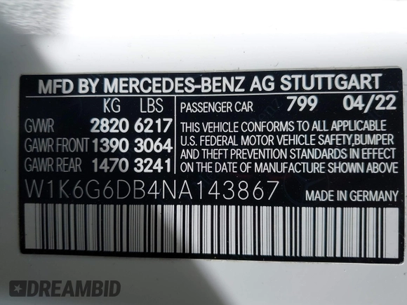 2022 Mercedes-Benz S 500 with VIN W1K6G6DB4NA143867, listed as a IAAI auction lot 41560165 with 17,908 mi miles and . Bid and sale history available at DreamBid. Image 9.