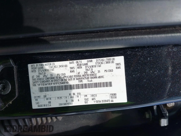 2015 Ford F-150 XLT с VIN 1FTEW1EF1FFC54510, выставлен на аукционе IAAI как лот 42371870 с пробегом 86 902 миль миль и . История ставок и продаж доступна на DreamBid. Изображение 9.