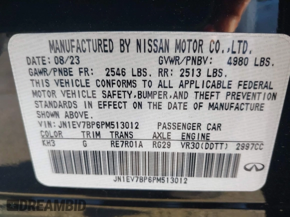 2023 Infiniti Q50 Luxe with VIN JN1EV7BP6PM513012, listed as a IAAI auction lot 41751813 with 7,064 mi miles and . Bid and sale history available at DreamBid. Image 9.