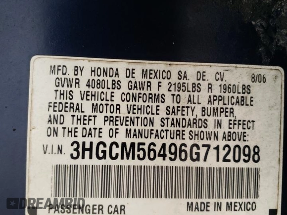 2006 Honda Accord LX with VIN 3HGCM56496G712098, listed as a Copart auction lot 59894005 with 157,789 mi miles and Salvage title. Bid and sale history available at DreamBid. Image 12.