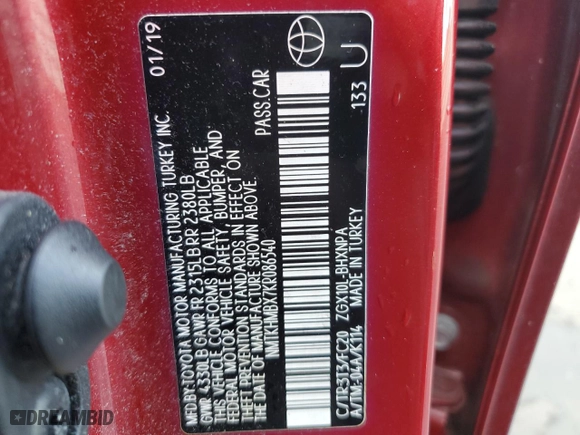 2019 Toyota C-HR XLE with VIN NMTKHMBX7KR086540, listed as a Copart auction lot 85654244 with 15,810 mi miles and Non Repairable. Bid and sale history available at carsss.com. Image 12.