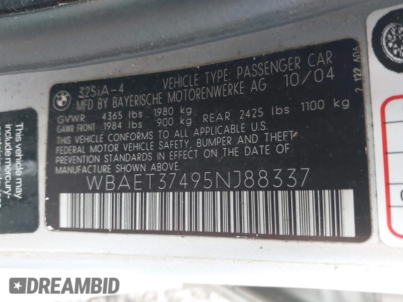 2005 BMW 3 Series 325i z VIN WBAET37495NJ88337, wystawiony jako IAAI lot #42538116 z przebiegiem Nie podano mil oraz . Historia ofert i sprzedaży dostępna na DreamBid. Obrazek 9.