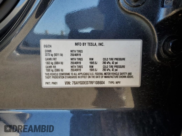 2024 Tesla Model Y with VIN 7SAYGDED7RF108604, listed as a Copart auction lot 48384825 with 24,603 mi miles and Salvage Title. Bid and sale history available at DreamBid. Image 15.